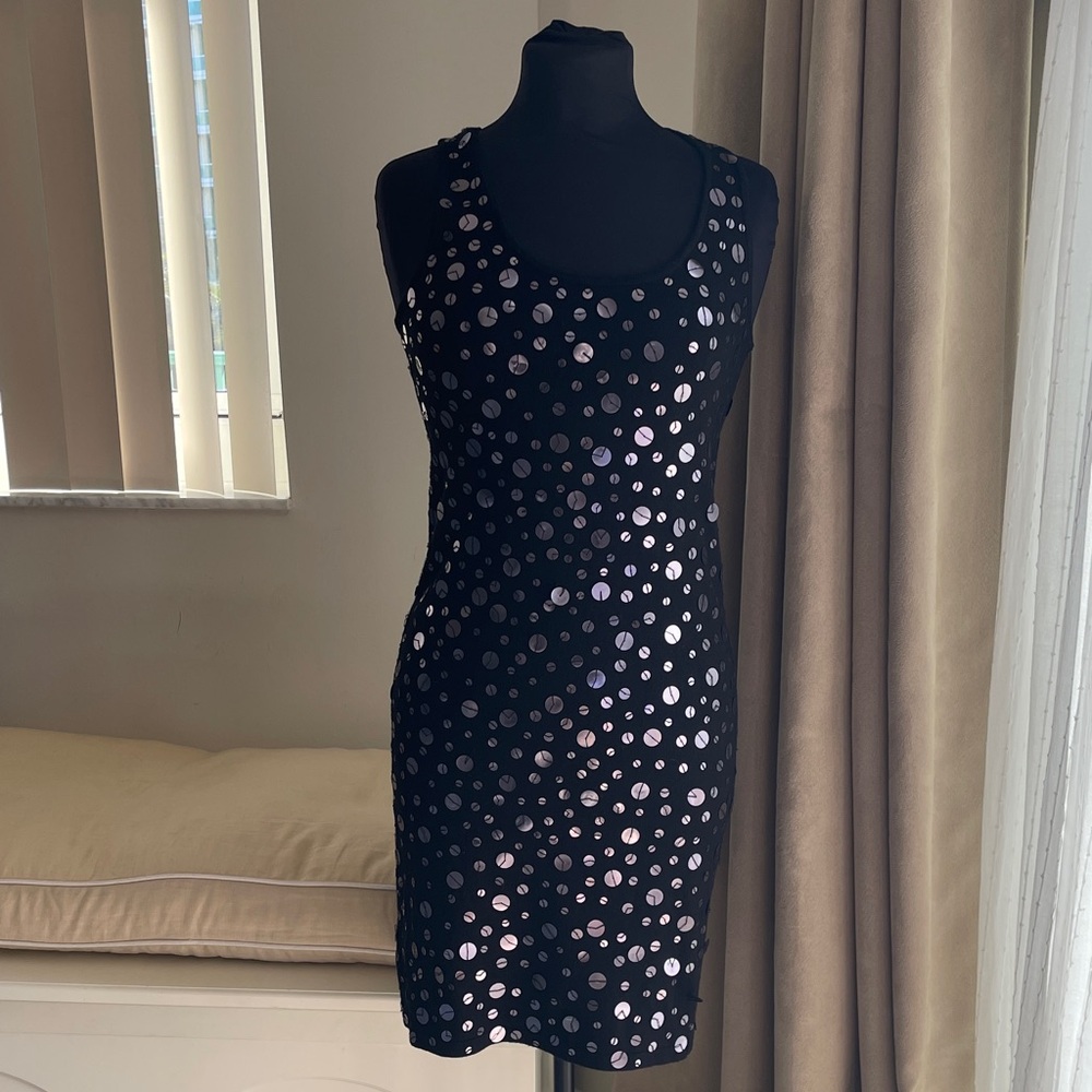 Ali Ro Black and Silver Silver sequin Polka Dot knit Mini Dress 0